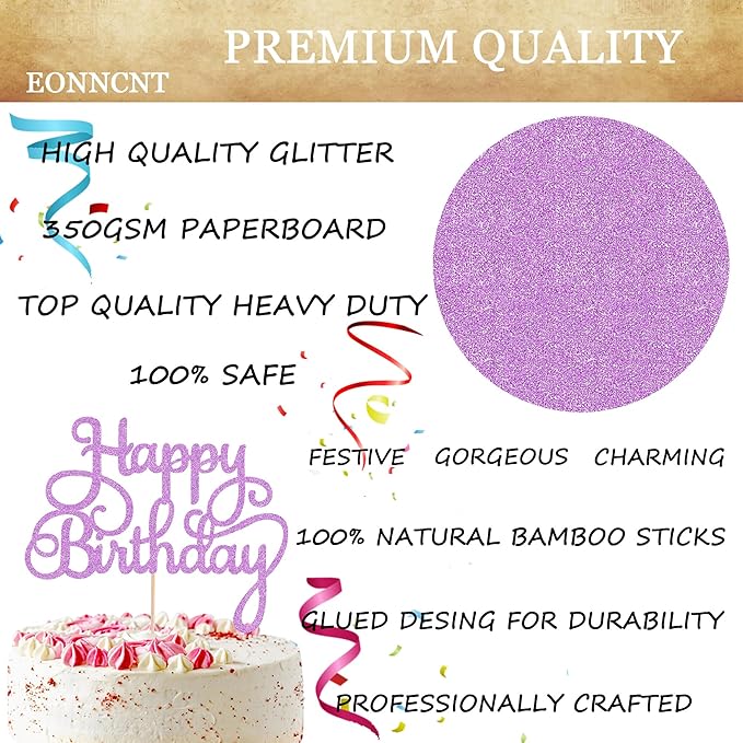 Happy Birthday Cake Topper - Purple Glitter Birthday Party Cake Decoration Supplies - Happy Birthday Cake Decor, for Anniversary/Birthday Party Supplies Photo Booth Props