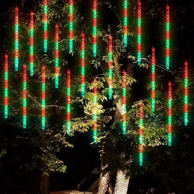 Dazzle Bright Red and Green Christmas Lights, 288 LED 11.8 Inch Meteor Shower Rain Lights with 8 Tubes, Waterproof Plug in Falling Rain Light Christmas Decorations for Xmas Bushes Tree Yard Party