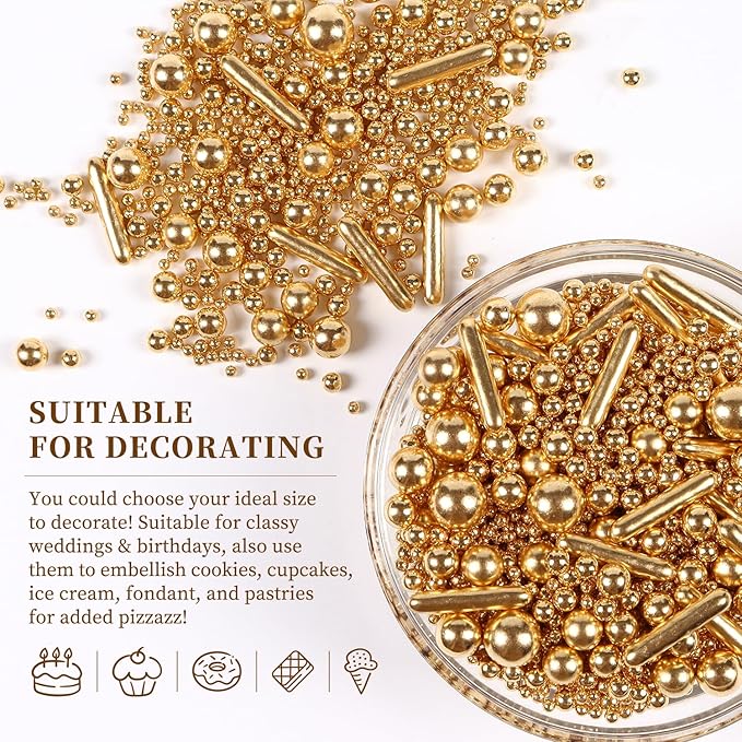 Gold Pearl Sprinkles for Cake Decorating, Pearl Metallic Rod Mix, 4.23 oz Gold Sprinkles for Cupcakes, Ice Cream, Cookies, Baby Showers, Celebrations, Weddings, Valentines, and Easter. (120g)