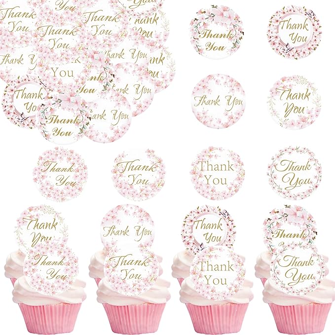 36PCS Edible Cherry Blossoms Thank You Cupcake Toppers Pink Edible Cherry Flowers Cake Decor Wafer Paper Thank You Cupcake Topper for Flowers Theme Baby Shower Birthday Party Decor Supplies