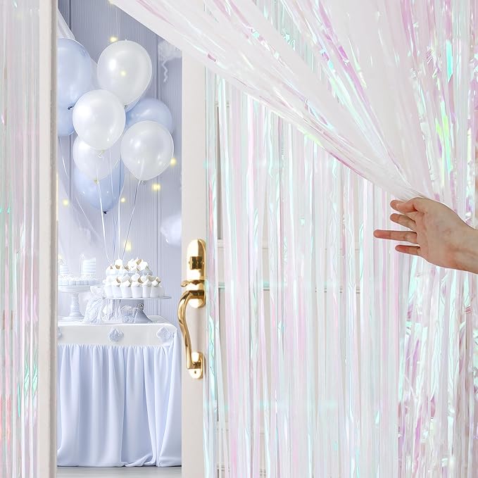 2 Pack White Iridescent Streamers Backdrop, 3.3x6.6ft Foil Fringe Curtains Silver Holographic Door Tinsel Streamers for Birthday, Wedding, Holiday, Bachelorette, Theme Party Decorations