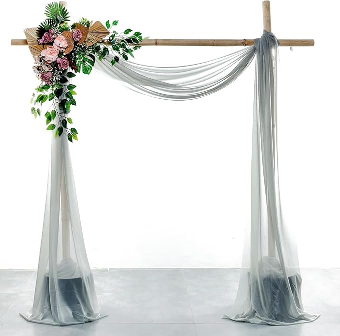 VDS Pack of 2 Panel (30 Inch X 30 Feet) Wedding Arch Draping Fabric Sheer Chiffon Fabric Drapery for Wedding Ceremony Reception Swag Backdrop Canopy Chuppah ARBO Altars Decoration (Grey)