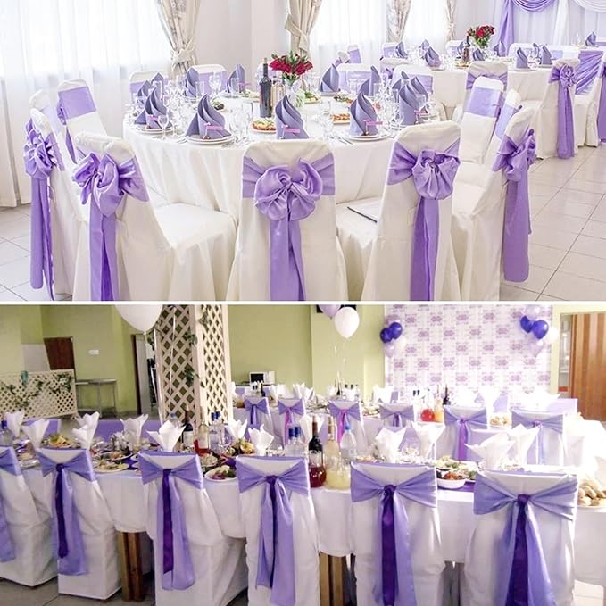 100 PCS Satin Chair Sashes Decorative Bow Chair Sashes Ties Back Ribbon Bows Chair Cover Band for Wedding Party Ceremony Reception Events Banquet Home Kitchen Chair Cover Decor(7x108inch,Lavender)