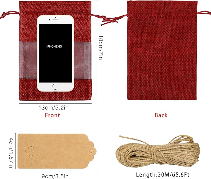 GIOIPC 50Pcs 5 x 7 Inch Linen Burlap Sheer Bags with Drawstring and Bonus Gift Tags for Wedding Birthday Bag,Craft Bags,Cosmetic Samples