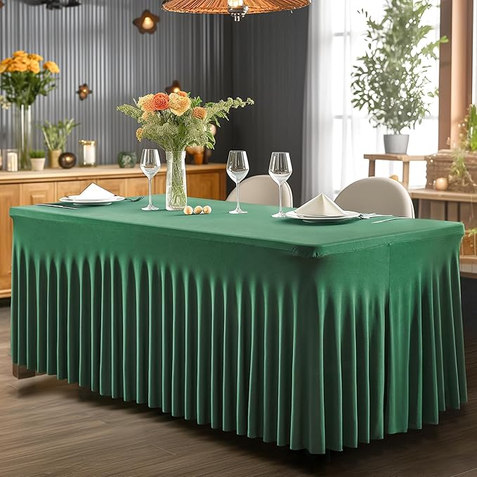 Wish Care 2 Pack Hunter Green Stretch Spandex Table Clothes for 6 Foot Rectangle Tables, 6FT Wrinkle Free Fitted Tablecloths Ruffles Design Table Cover for Party, Banquet, Wedding and Events