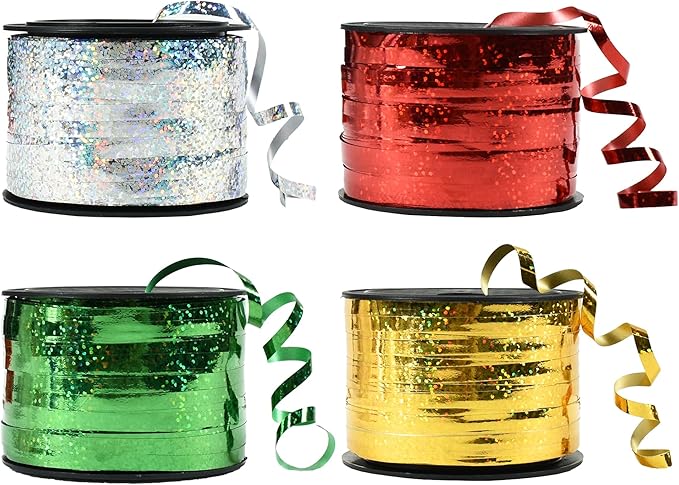 BEISHIDA 4 Pack Christmas Curling Ribbons Red Green Gold Silver Balloon String Ribbons for Gift Warppping Birthday Christmas Party Decorations（Total 400 Yards）