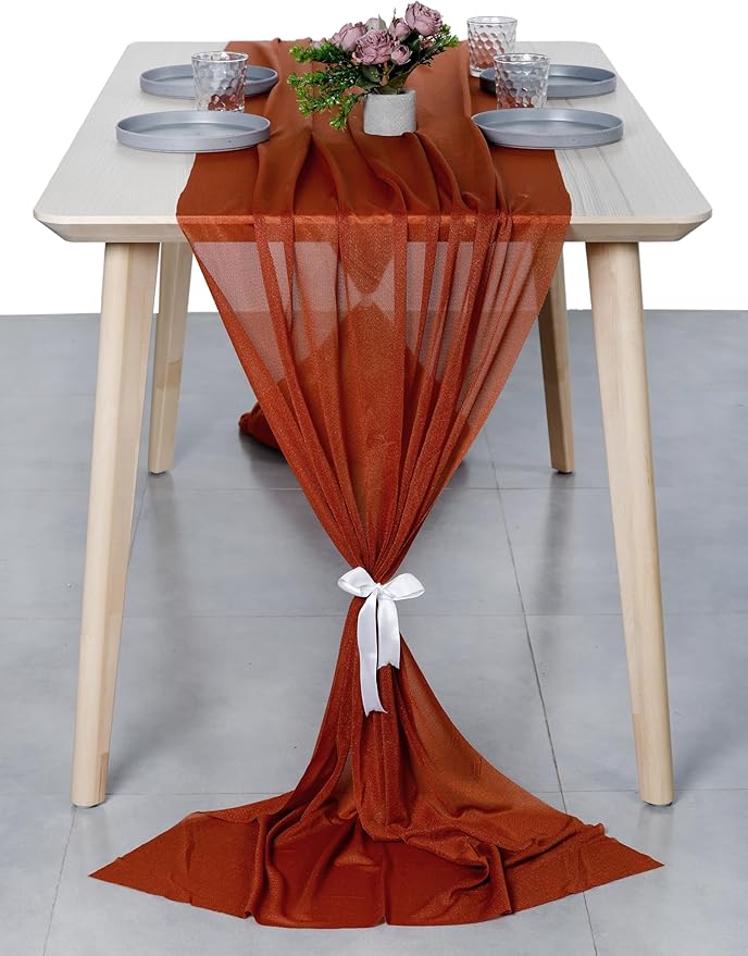 MDS 5 Pack 10ft Chiffon Table Runner 29 x 120 Inches Sheer Wedding Runner Romantic Rustic Table Runner for Wedding Decorations, Birthday Parties, Bridal Shower Party Arch Decor - Terracotta