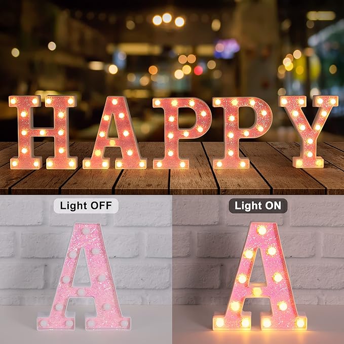 Foaky Pink Light up Letters，Pink Party Decorations,Girls Room Decor,Glitter Light Up Letters,Alphabet Letter Sign for Night Light Birthday Party Girls Gifts, Home Bar Decoration（Q）