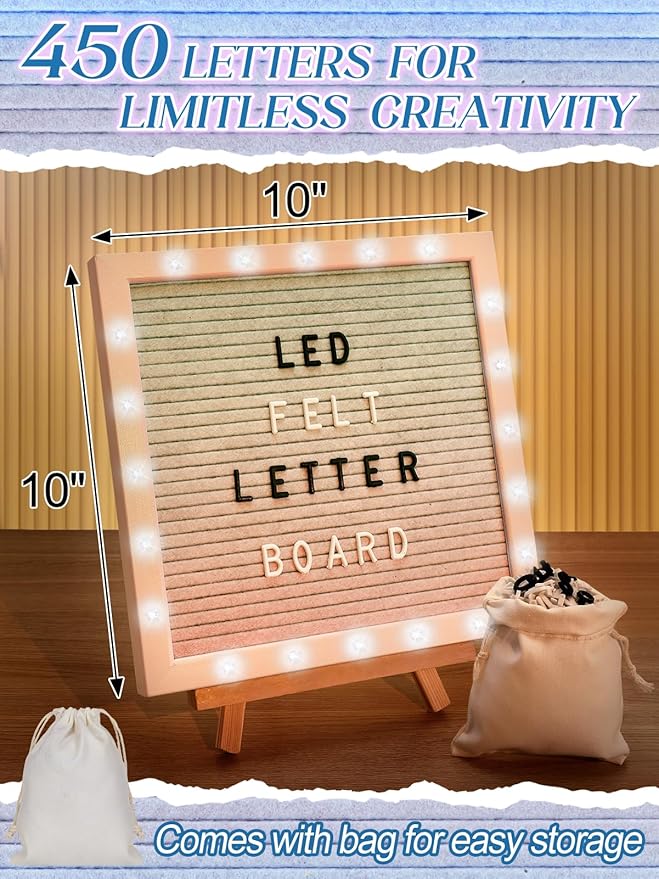 Light up Changeable Felt Letter Board Sign with LED Lights - 10×10" Message Board & Wood Stand & 450 Letters, for Halloween/Birthday/Event/Pregnancy/Baby Announcement/Home Wall Decor Gifts, Gradient