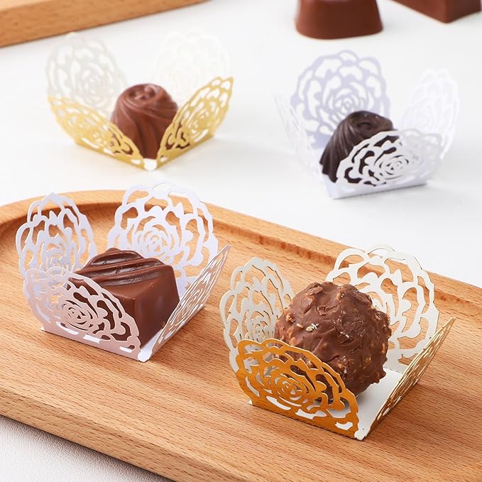 100Pcs Truffle Wrapper Liners, Paper Mini Cupcake Liners Chocolate Candy Transfer Sheets, Peanut Cupcake Wrappers Dessert Tray Muffin Baking Cups for Birthday Wedding Decoration