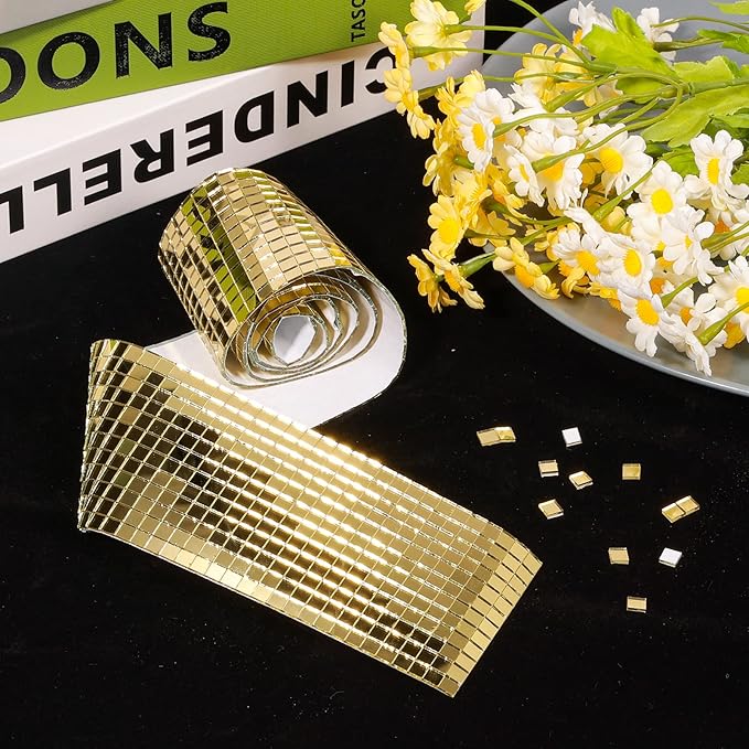 PP OPOUNT 2360 Pieces Self Adhesive Mosaic Tiles, Gold Disco Tiles, Square Glass Mosaic Mirror for Craft Decoration, DIY Disco Ball, Vase, Photo Frame (5 x 5 mm)