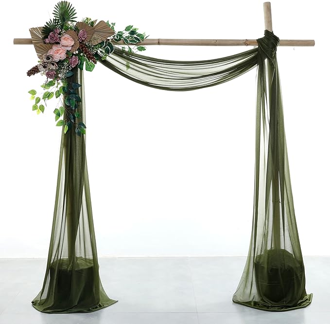 VDS Pack of 3 Panel (30 Inch X 20 Feet) Wedding Arch Draping Fabric Sheer Chiffon Fabric Drapery for Wedding Ceremony Reception Swag Backdrop Canopy Chuppah ARBO Altars Decoration (Olive)