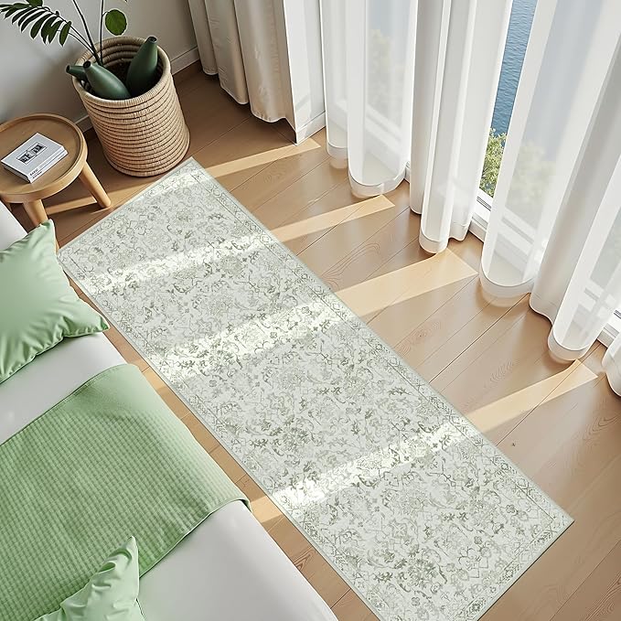 Sage 3x10 Runner Rug for Hallways Bed Side Kitchen, Boho Washable Distressed Low-Pile Floor Entryway Long Bathroom Mat, Non-Slip Laundry Room Washstand Front Carpet Green 36x84 Inch
