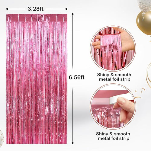 2 Pack Pink Metallic Tinsel Foil Fringe Curtains, Door Streamers Photo Booth Backdrop for Birthday Party, Tinsel Curtain Backdrop for Baby Shower Bachelorette Christmas Party Decorations