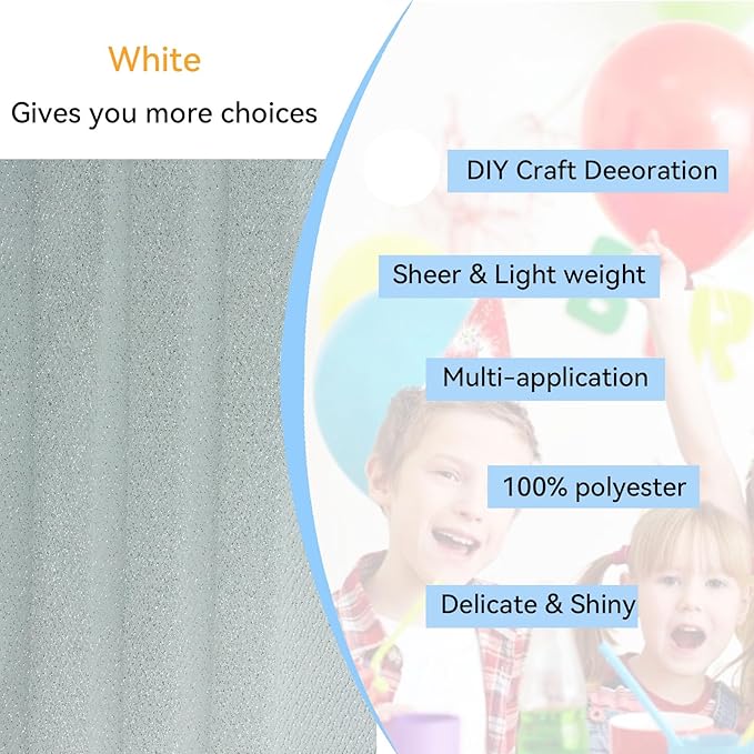 Glitter Tulle Fabric 56 Inch by 5.5 Yards Fabric Tulle Bolt for Wedding Christmas Decorations DIY White Tutu Baby Shower Table Skirt Ceiling Decor Birthday Party Craft Supplies-White