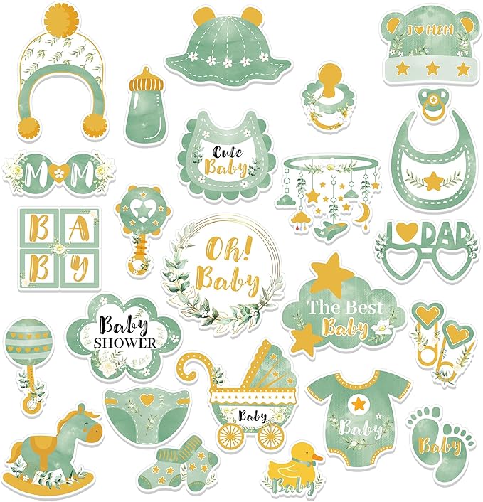 Sage Green Baby Shower Party Photo Booth Props 25PCS Greenery Baby Shower Props for Newborn Party Decoration Boho Photo Booth Props Kit Party Favors Pose Sign Kit Fun for Party