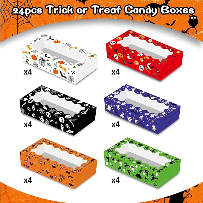 24 Pack Halloween Large Treat Boxes, Trick or Treat Candy Boxes with Window Halloween Party Favors Gift Goodie Boxes Supplies for Cookie Biscuit Donuts Dessert Cupcake Pie