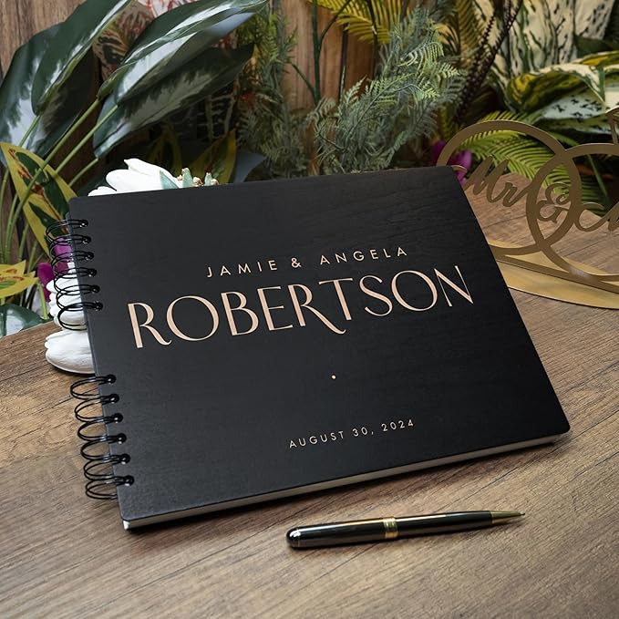 Personalized Wood Wedding Guest Book - 5 Colors/Finishings, 2 Sizes, 12 Designs - Wood Wedding Decorations, Guest Book Signs for Wedding Reception (DESIGN 5)