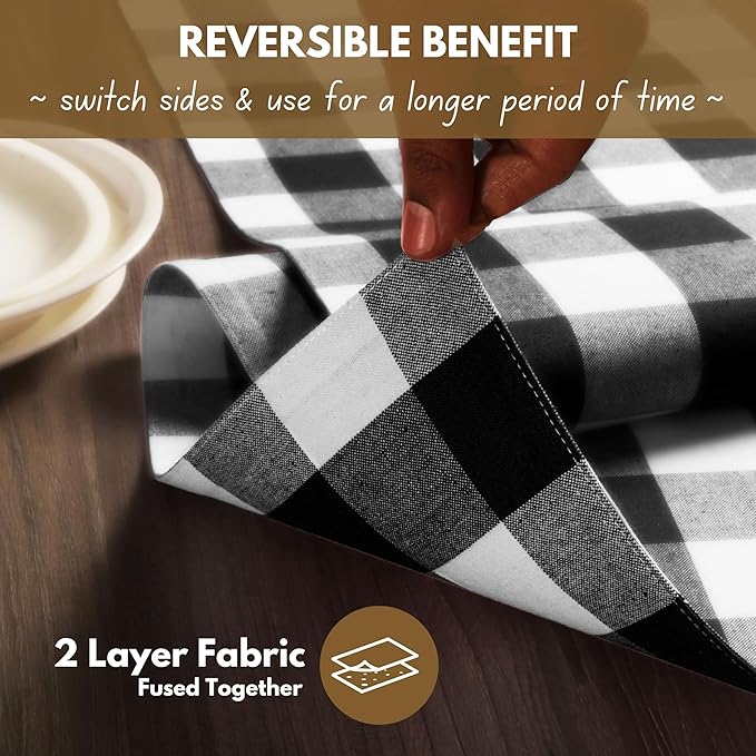 Native Fab Buffalo Check Plaid Table Runner, 100% Cotton, 13x108 Inches, Rustic Farmhouse Kitchen and Dining Décor, Perfect for Weddings, Halloween, Holiday Gatherings, Black and White