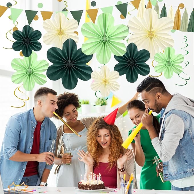 Sage Green Birthday Decoration, Plant Birthday Decorations with Hanging Paper Flowers, Tassel Garland and Swirls, Sage Green Party Decoration for Women Girls, Classroom Party Decor