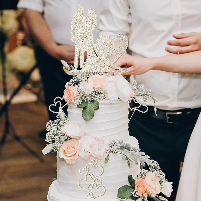 Spiareal 4 Pcs Wedding Cake Topper Mr and Mrs Rhinestone Bride and Groom Love Cake Topper Metal Crystal Heart Shaped Happy Engagement Anniversary Funny Diamond Party Decor for Bridal Shower(Gold)