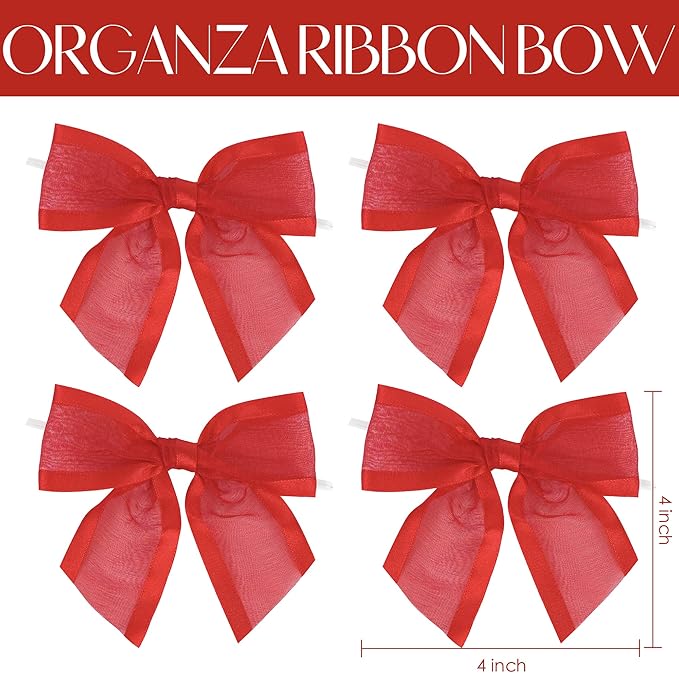 AIMUDI Red Bows for Crafts 4" Organza Bows Premade Twist Ties Bows for Gift Wrapping Crafts Treat Bags Baskets Cake Pop Baby Shower Birthday Wedding Christmas Decor - 12 Counts