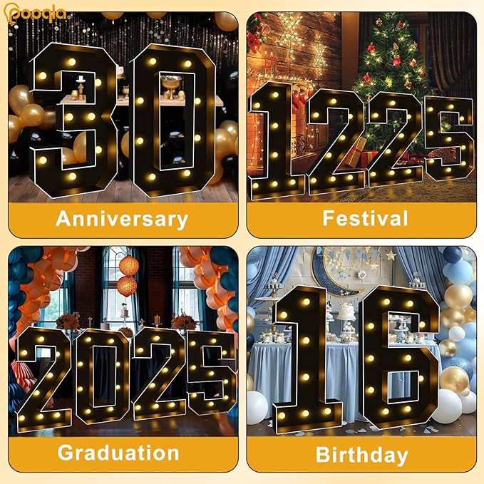 Pooqla 3 FT Light Up Marquee Numbers, Black Marquee Number Lights 3 Feet Tall for 9th 19th 90th Birthday, Giant Letter Big Mosaic Numbers for Balloons Party Anniversary Wedding Decorations, Black 9