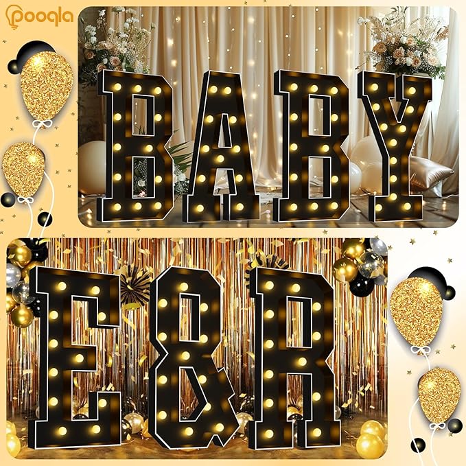 Pooqla 4 FT Marquee Light Up Letters, Giant LED Sign Black Marquee Letter Lights 4 Feet Tall, Big Mosaic Letters for Balloons Birthday Party Anniversary Wedding Decorations, Warm White E