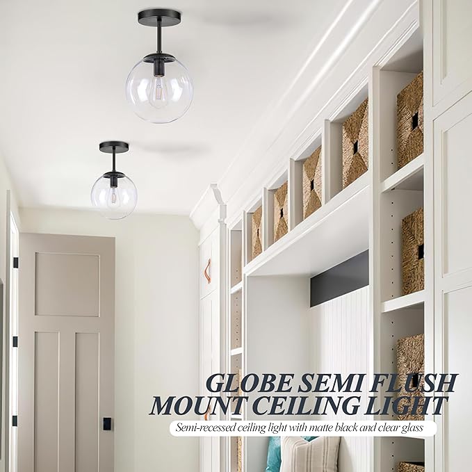 Globe Semi Flush Mount Ceiling Light, Clear Glass with Matte Black Finish, Mid Century Modern Light Fixture Ceiling, Hallway Living Room Kitchen Bedroom Storage Schoolhouse Laundry(LED Bulb Incl.)