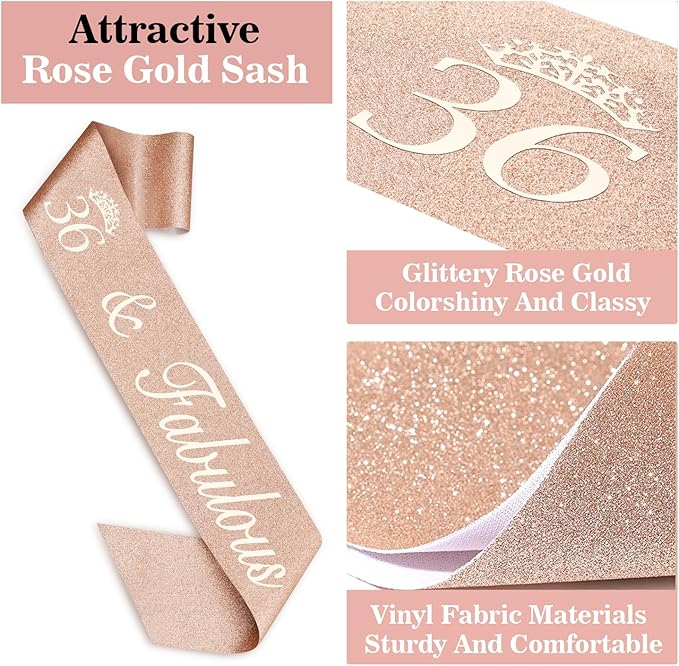 36th Birthday Decorations for Women Including Birthday Sash, Tiara/Crown, Numeral Candles and Cake Topper, Gifts for 36 Year Old Woman, Rosegold Party Decor and Supplies