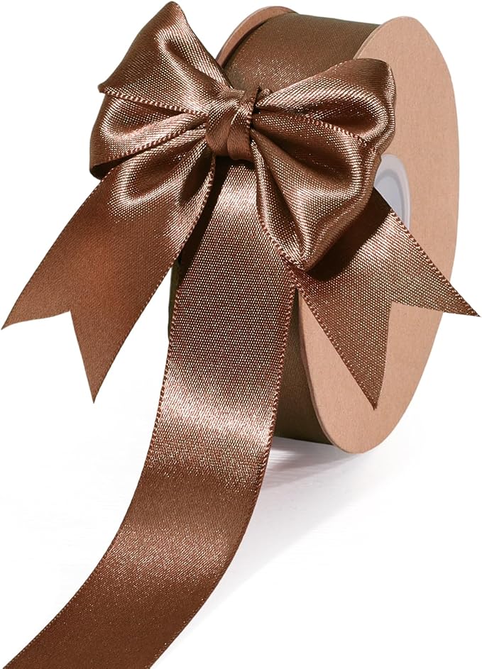 LaRibbons Brown Satin Ribbon 1 Inch 50 Yards Thin Luxury Double Faced Mocha Mousse Silk Ribbon for Flower Bouquet Crafts Gift Wrapping Wedding Decoration