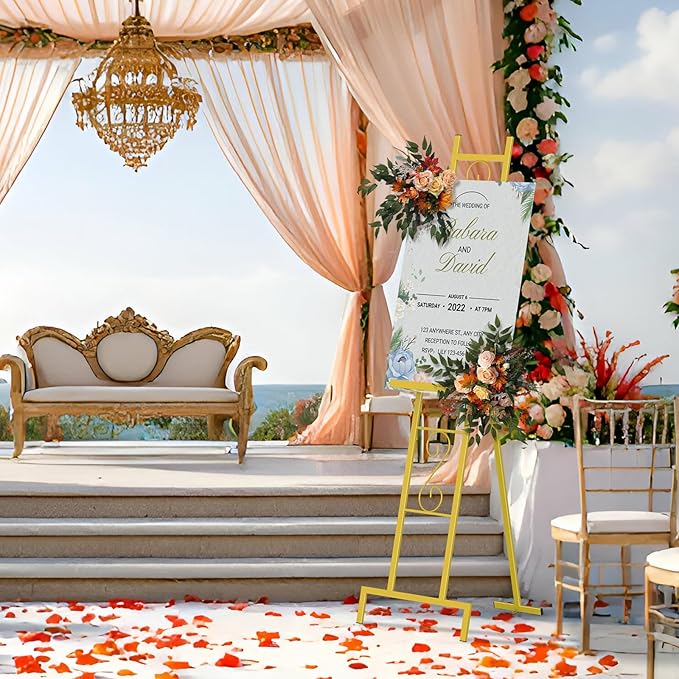 Skcoipsra 58IN Gold Easel Stand for Sign, 3 Tier Adjustable Larger Wedding Welcome Sign Holder, Art Poster Display Stand Free Standing with Chain, 17x17x58 Inch