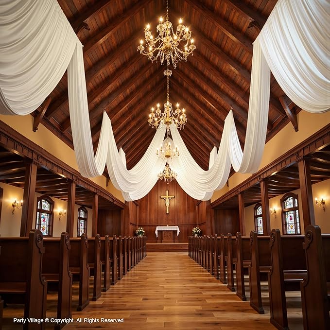 PartyVillage 10ftx40ft White Ceiling Curtain for Wedding Parties – 2 Panels Wrinkle-Free 40 FT Long Tent Draping Curtains for Wedding, Birthday & Theme Parties, 40ft Height with Rod Pocket