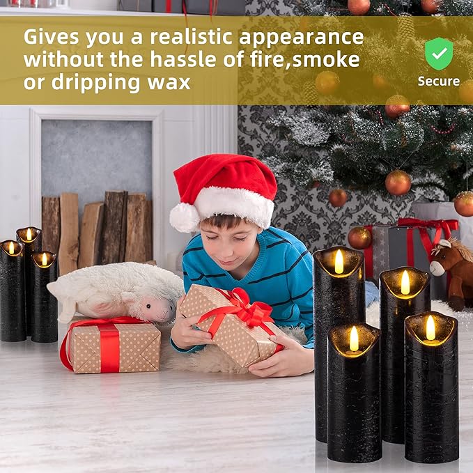 Hausware Set of 9 Flameless Candles Battery Operated LED Real Wax Flickering Electric Candles with Remote Control Timer for Wedding Birthday Halloween Christmas Decorations (Black Color)