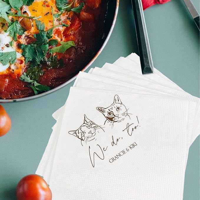 Luxury Personalized Illustrated Cat Wedding Napkins, Personalized Photo Napkins for Cat, Custom Wedding Cocktail, Bridal Shower, Engagement Party