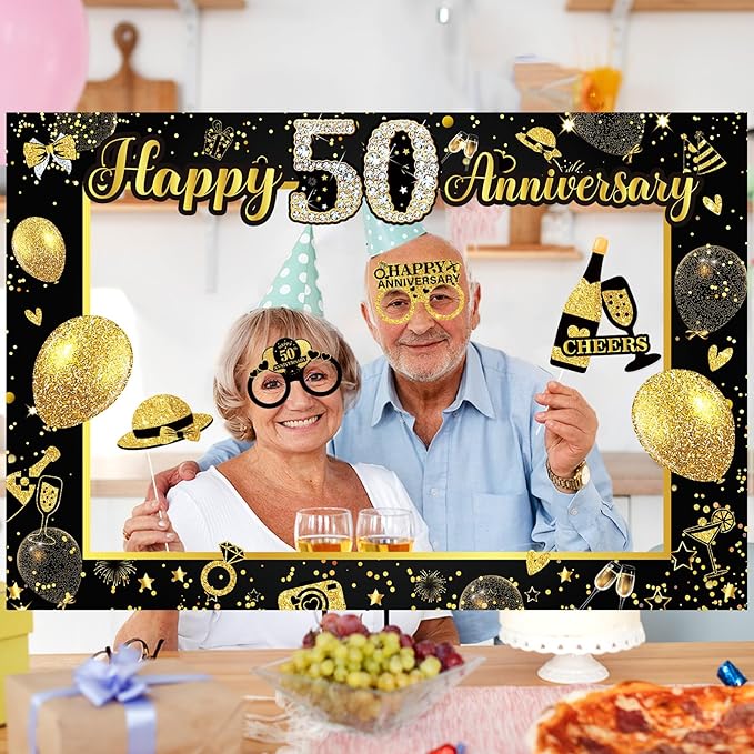 50th Wedding Anniversary Decorations Black Gold 50th Wedding Anniversary Party Photo Booth Props and Selfie Frame Silver Happy 50 Years Anniversaries Party Supplies for Women Men Cheers to 50 Years
