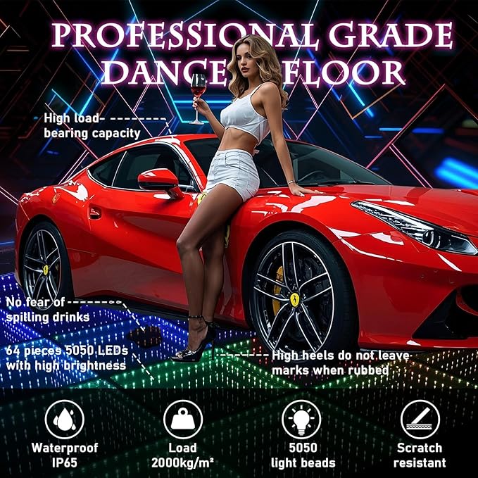 Dance Floor Stage Lights-Tempered Glass with Flight Case - RGB Color Changing Lights for Wedding, Party, Club - Non-Slip (3D-Magnetic, 20 * 20FT)