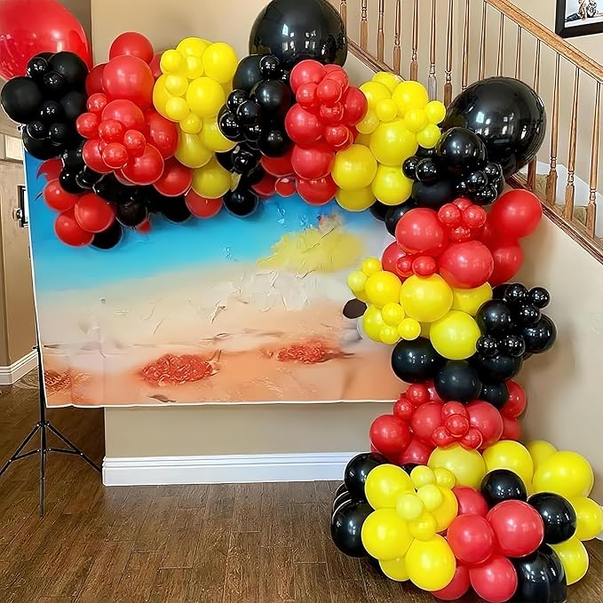 Orange Red Yellow Black Balloons, 12 Inch Colorful Latex Balloons with Black Yellow Confetti Balloon, for Race Car Construction Birthday Baby Shower Carnival Party Decorations