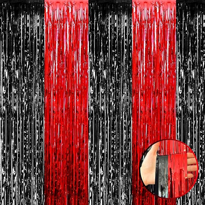 4 Pack Foil Fringe Curtain Backdrop, 3.28Ft x 8.2Ft Metallic Tinsel Foil Fringe Streamers for Photo Booth, Wedding, Casino Viva Las Vegas Game Night Birthday Party Decoration (Black Red)