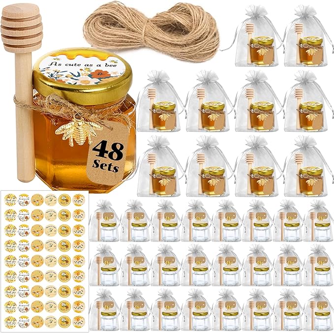 Aliggbent 48 Pack Mini Honey Jars Party Favors in Bulk, 1.5 oz Small Hexagon Glass Honey Jars with Dippers, Lids, Cute Stickers, Bee Charms, Gift Bags and Jute for Baby Showers, Weddings & Birthdays