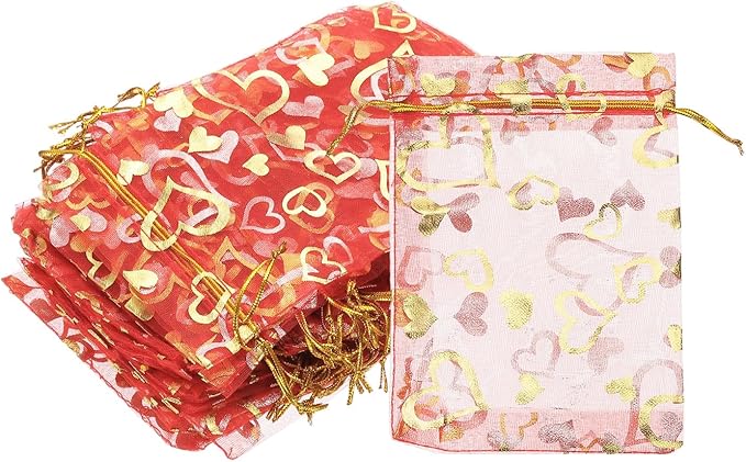 PATIKIL 100 Pcs 4x6 Inch Heart Printed Organza Bags, Red Sheer Heart Organza Bags with Drawstring for Christmas Candy Jewelry Party Wedding Favor Gift