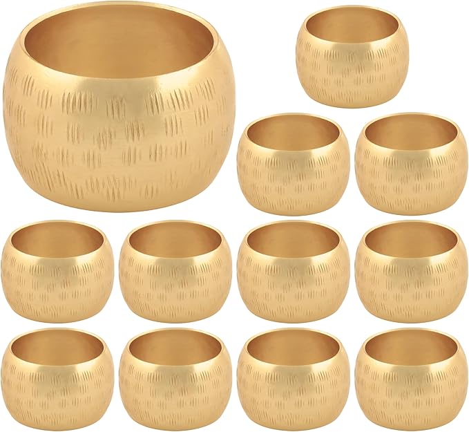 Napkin Rings Set of 12, Metal Napkin Holder Cuffs for Dinner Table Décor, Round Textured Farmhouse Modern Serviette Rings for Christmas, Weddings, Receptions, Daily Use, Gold - ALPHA Living HOME