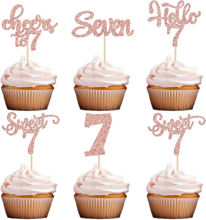 30Pcs 7th Birthday Cupcake Toppers Glitter Seven Happy 7 Cupcake Picks Cheers to 7 Years Old Cake Decorations for 7th Birthday Party Supplies Rose Gold