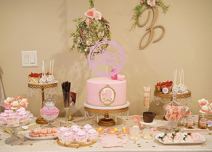 Happy Birthday Cake Topper - Pink Glitter Happy Birthday Cake Decoration Supplies for Children or Adults - Happy Birthday Cake Bunting Decor, Photo Booth Props