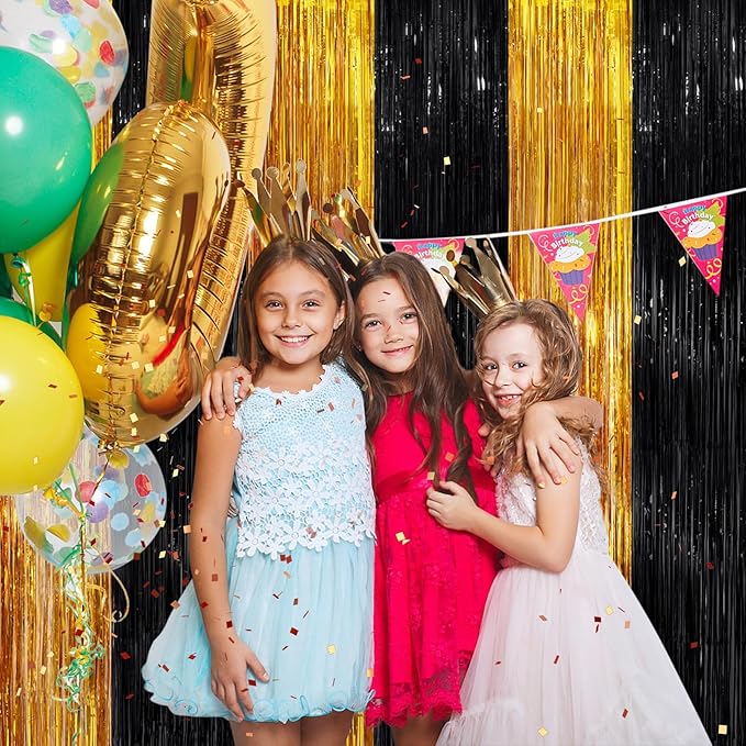Black Gold Metallic Tinsel Foil Fringe Curtains, 4 Pack 3.3x8.3 Feet Party Streamer for Birthday Party Decorations, Halloween Decor, Foil Curtain for Bachelorette Party