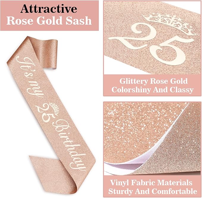 25th Birthday Decorations for Women Including Sash, Tiara/Crown, Numeral Candles and Cake Topper, 25th Birthday Gifts for Women, Rose Gold Party Favor Supplies