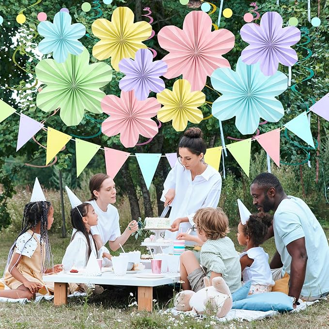 Pastel Rainbow Party Decorations, Pastel Birthday Decorations with Colorful Hanging Paper Flowers,Tassel Garland and Swirls for Boys Girls, Baby Showers Wedding Party Supplies