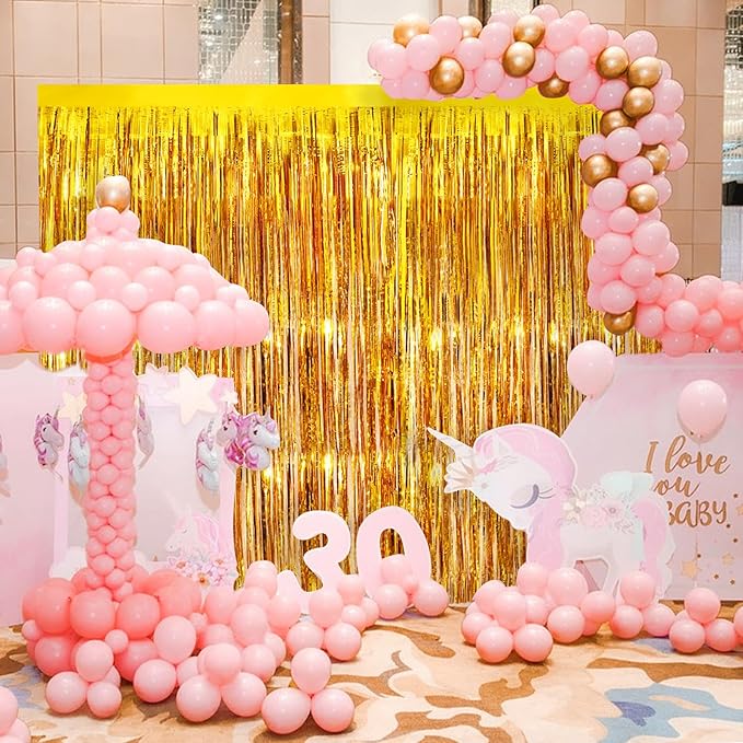 Gold Metallic Tinsel Foil Fringe Curtains, 2 Pack 3.3x8.3 Feet Party Streamer Curtains for Birthday Party Decorations, Halloween Decor, Foil Curtain Backdrop for Bachelorette Party