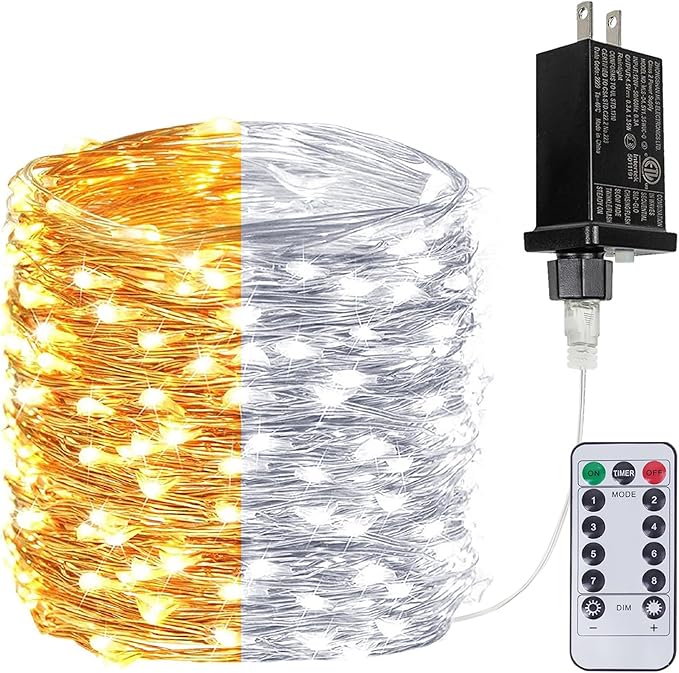Warm White ⇋ Cool White 66Ft 200LED Fairy Lights Plug in with Remote, Waterproof String Lights Outdoor & Indoor 8 Modes with Timer, LED Twinkle Lights for Girl's Room Halloween Christmas Decorations