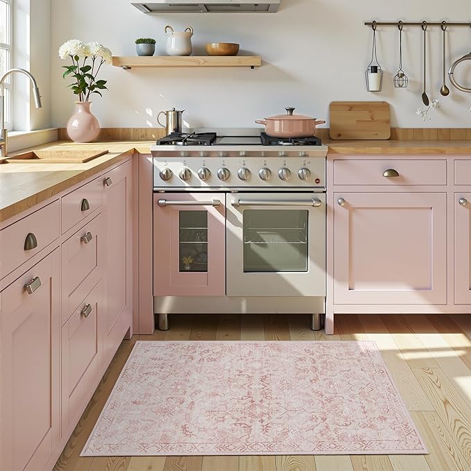 Pink Area Rug 2x3 Entryway Rug for Bedroom Bathroom, Non-Slip Low-Pile Washable Distressed Boho Carpet Retro Accent Doormat for Laundry Room Hallway Kitchen 24x36 Inch